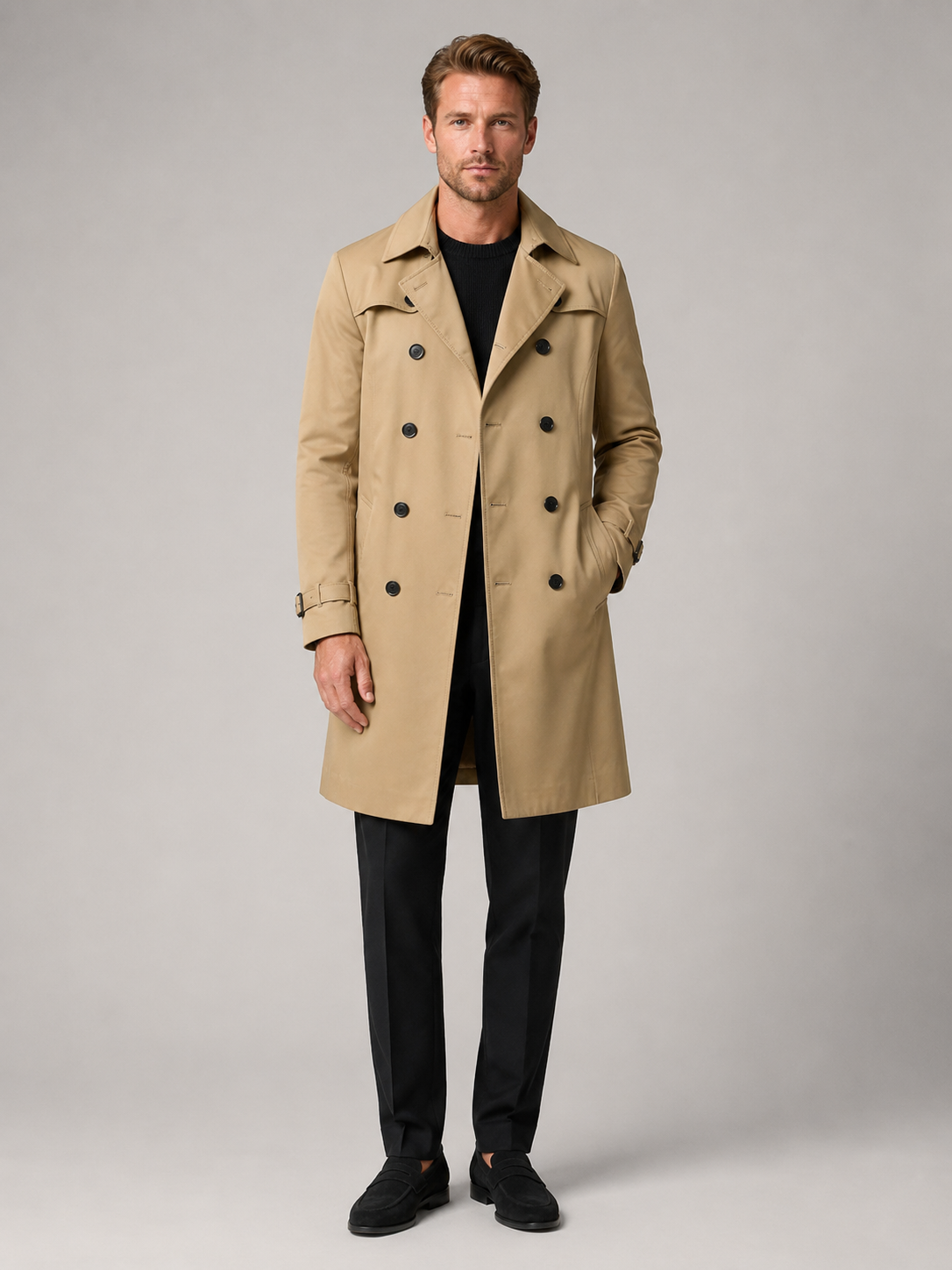 Khaki knee length trench coat for men windproof long coat for outdoor and everyday wear