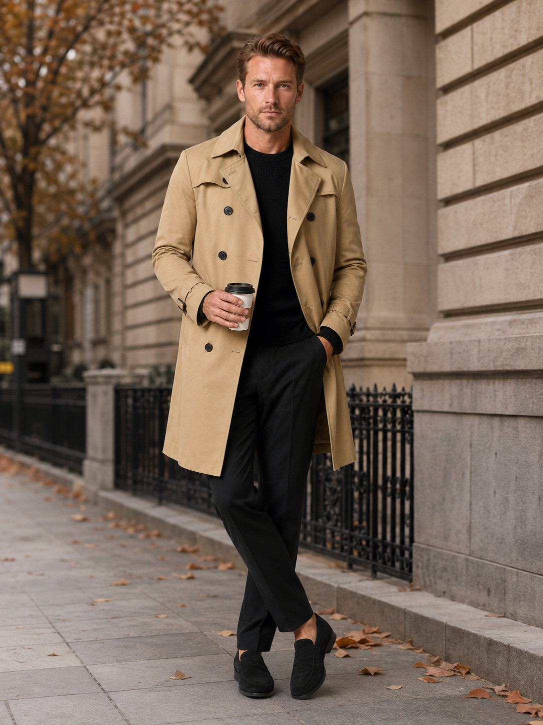 Man styling khaki trench coat in a classic outdoor and everyday lifestyle outfit