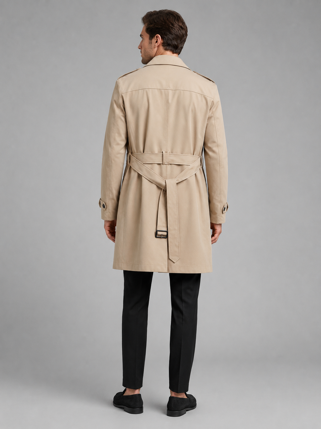 Close-up of a khaki double-breasted trench coat showing the wide lapel, button closure, adjustable belt, cuffs, premium fabric texture, and tailored stitching