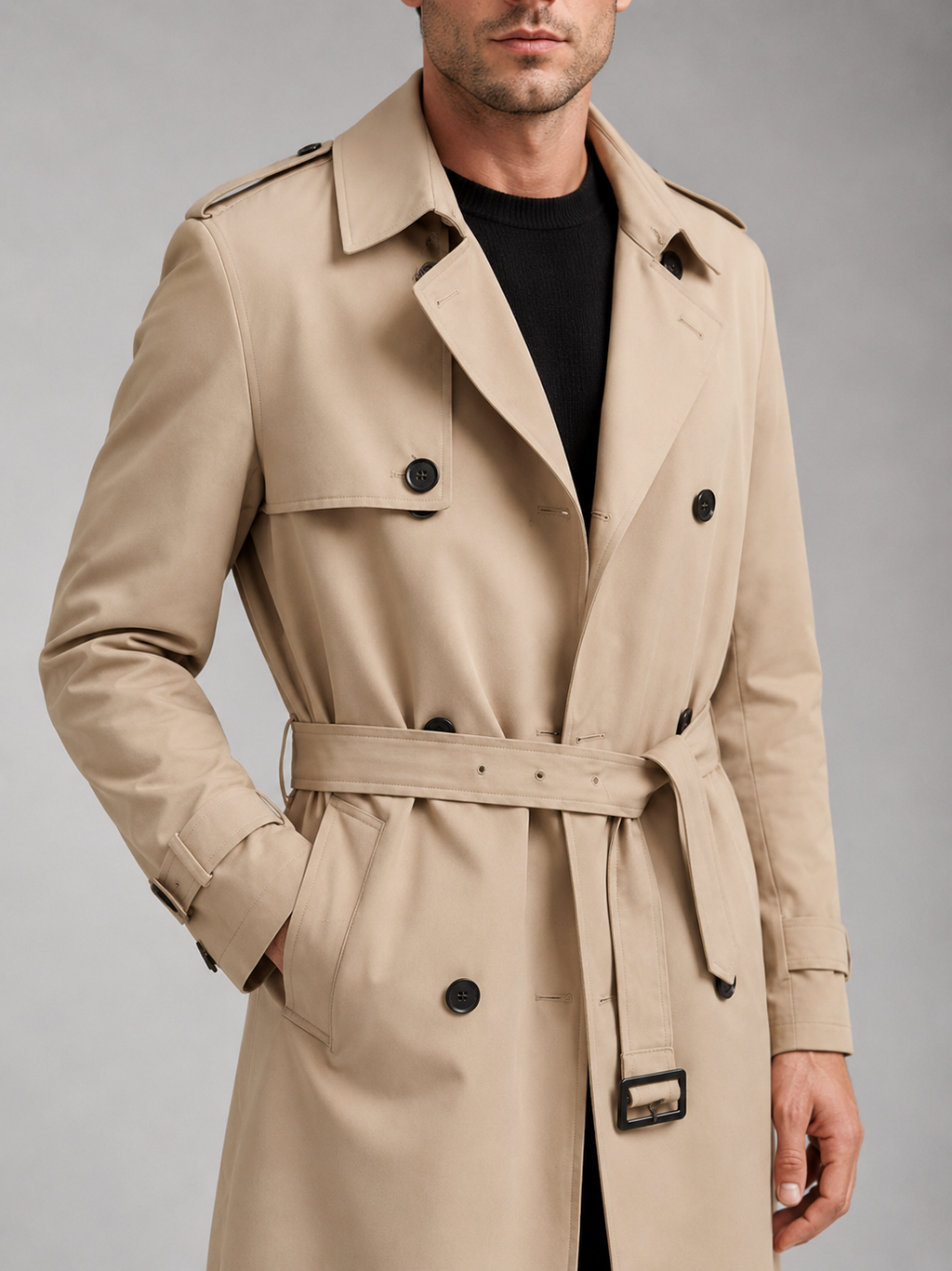 Khaki men’s double-breasted belted trench coat displayed on a plain background