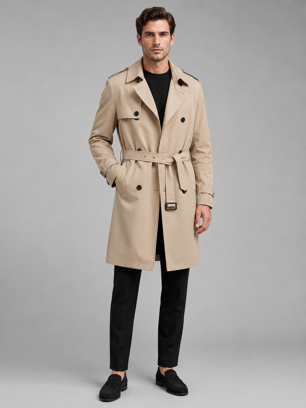 Back view of a man wearing a khaki trench coat showing the belted waist, long silhouette, and tailored fit