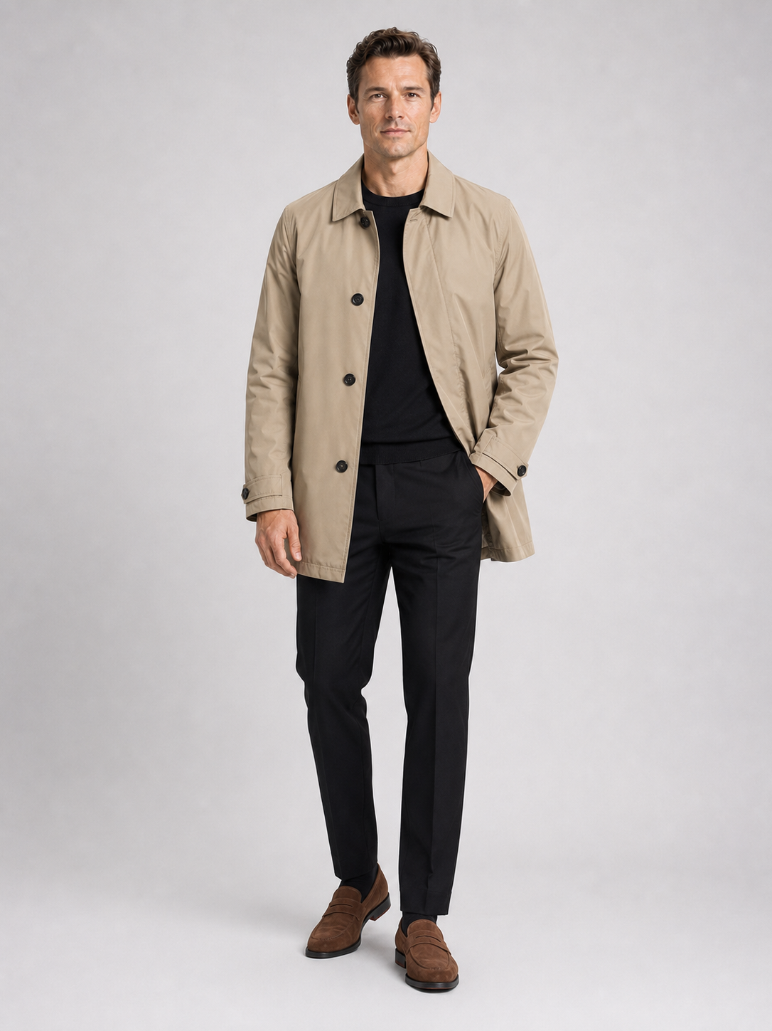Khaki medium length trench coat for men warm windproof outerwear for business casual and everyday wear