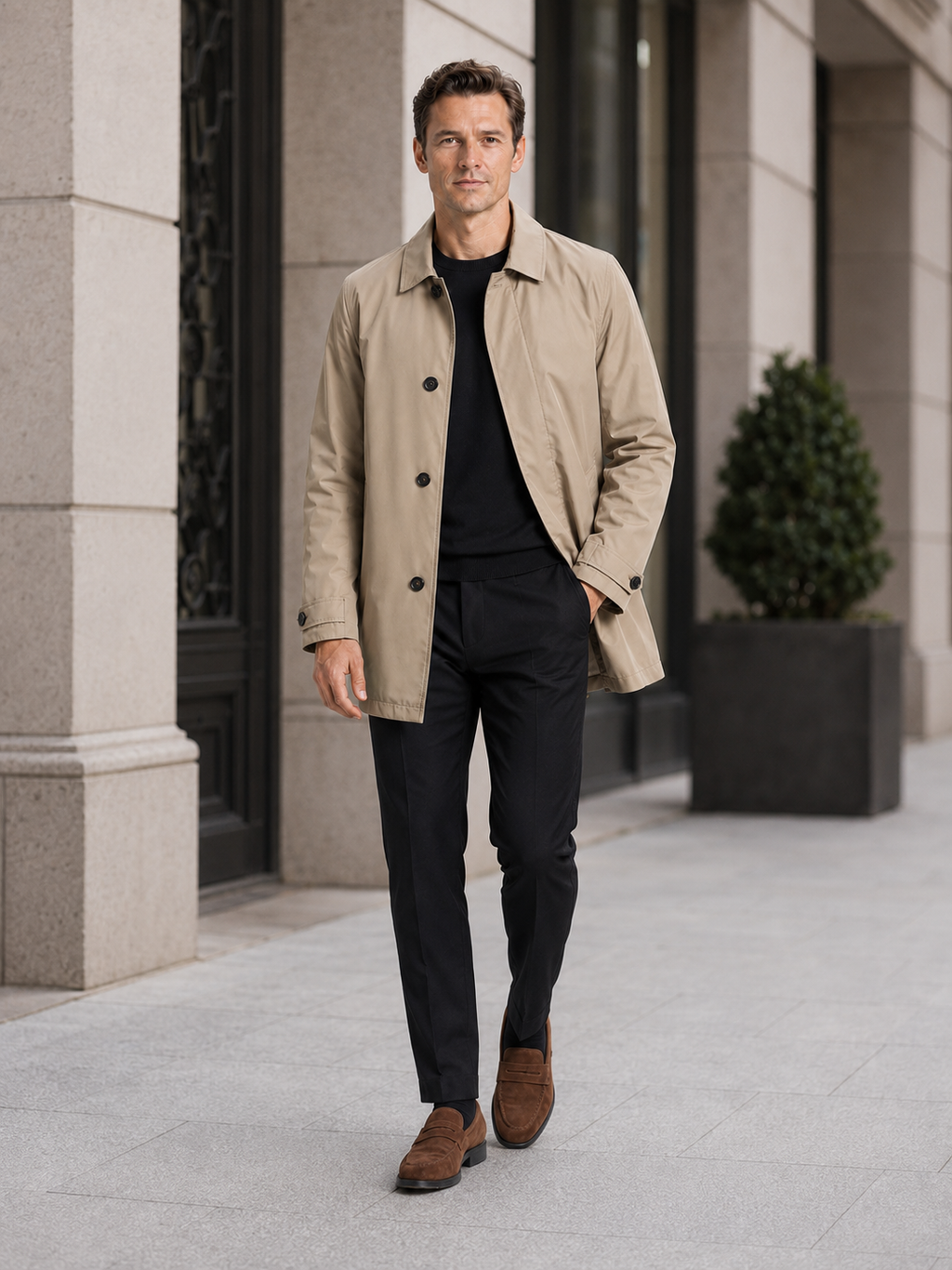 Man styling khaki trench coat in a classic business casual and everyday lifestyle outfit