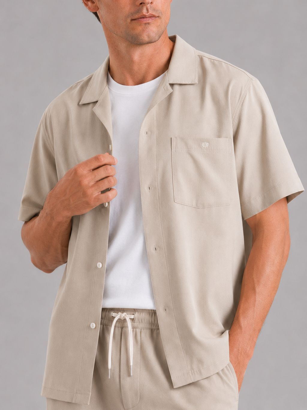 Close up of khaki summer set showing lightweight breathable fabric and relaxed fit detail