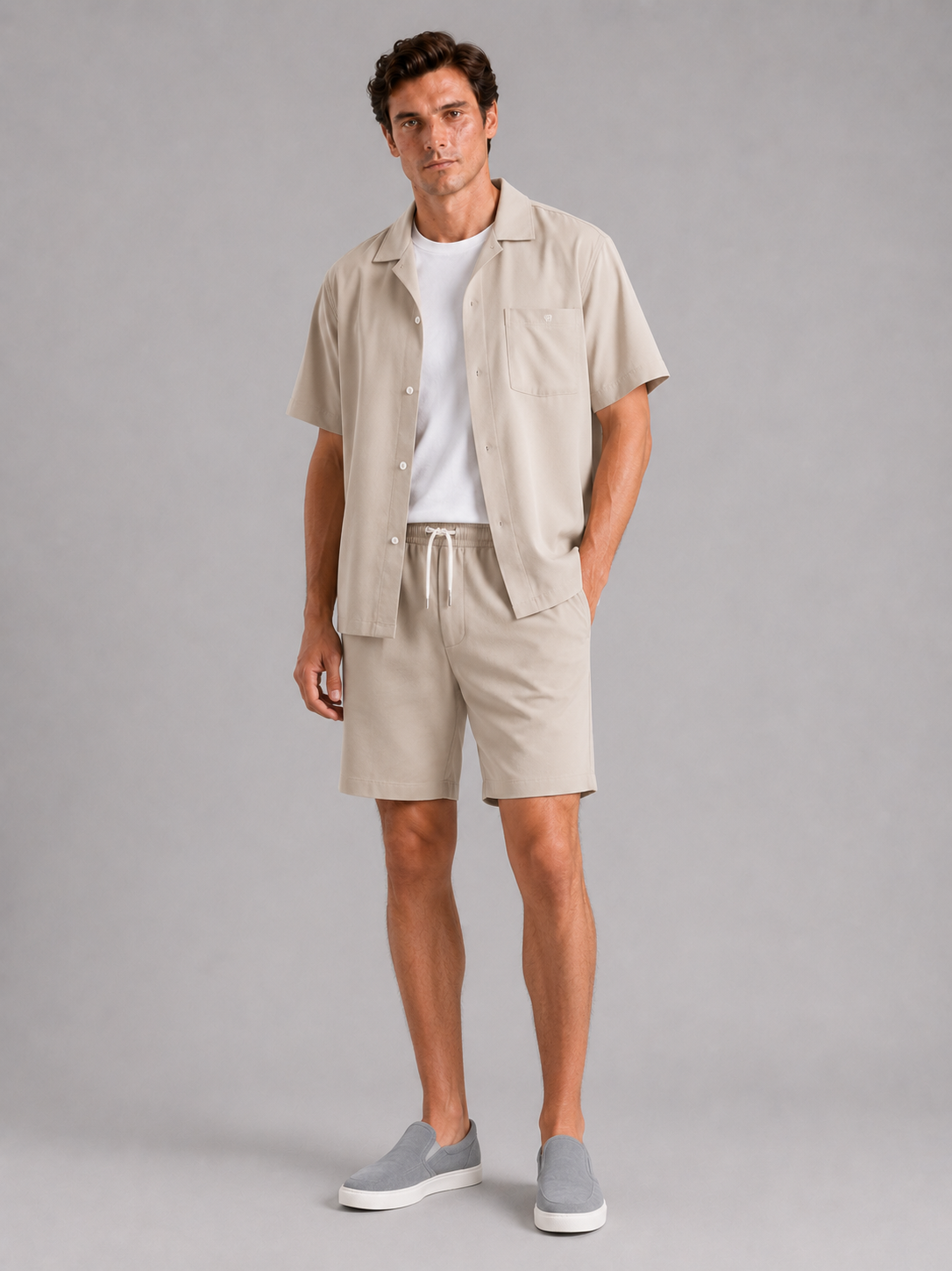Khaki shirt and shorts set for men loose fit summer outfit for casual vacation wear