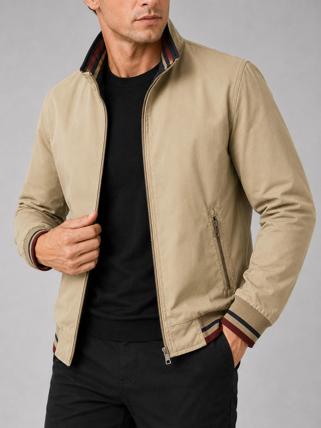 Close up of khaki varsity jacket showing snap button closure and reversible design detail