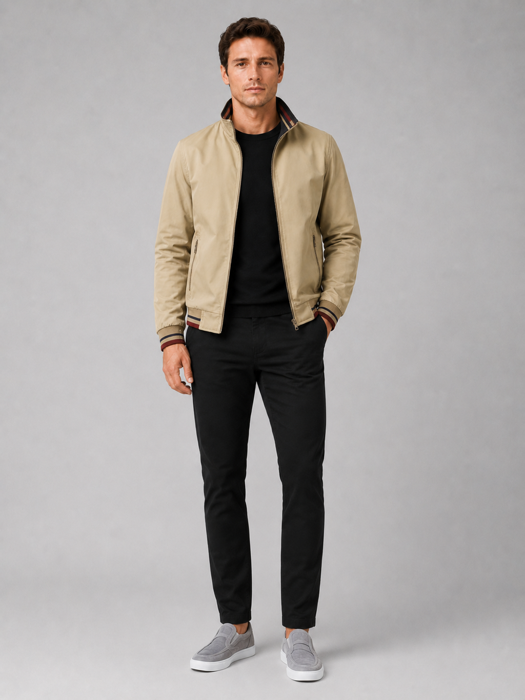Khaki varsity jacket for men casual baseball style outerwear for everyday fall wear