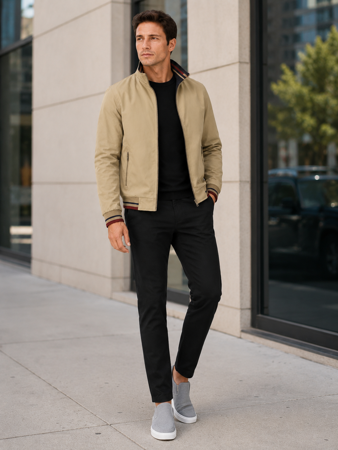 Man styling khaki varsity jacket in a relaxed streetwear and everyday lifestyle outfit