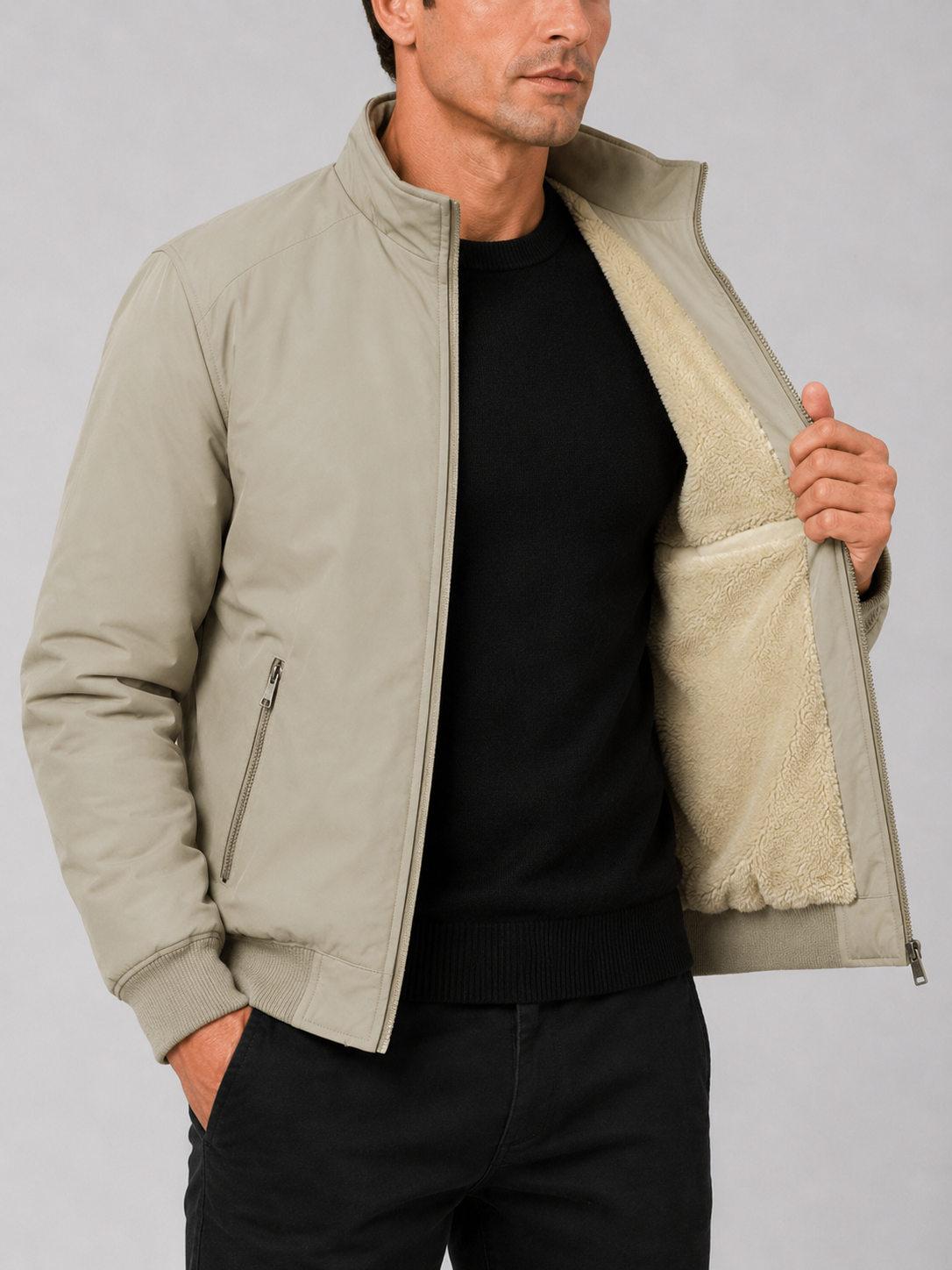 Close up of khaki fleece lined jacket showing soft thermal lining and durable outer fabric detail