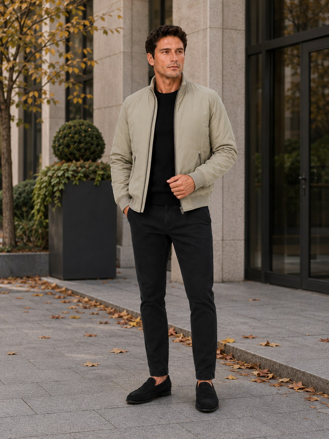 Man styling khaki fleece lined jacket in a refined office and winter lifestyle outfit