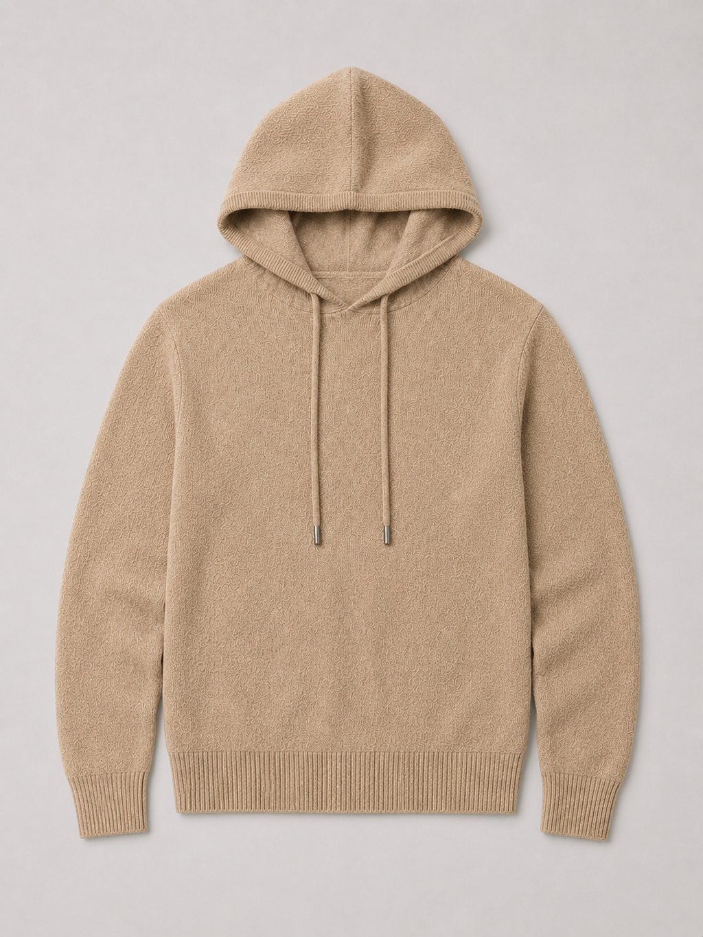 Khaki men’s wool knit hoodie sweater displayed on a plain background