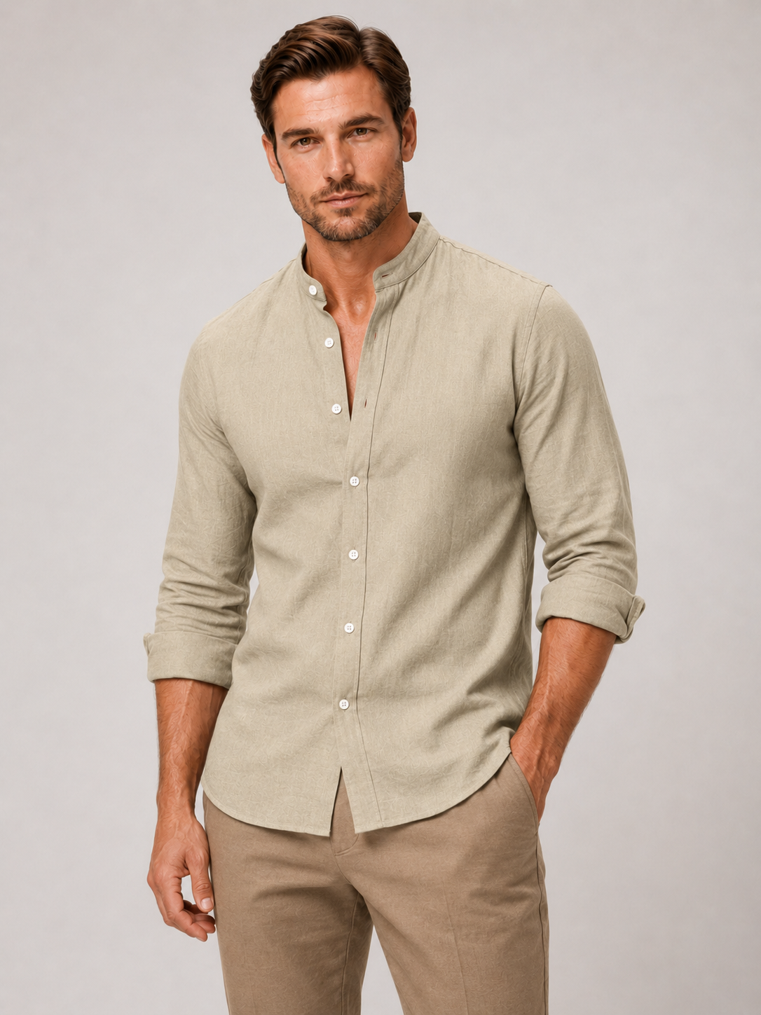 Men wearing khaki cotton linen collarless button down long sleeve shirt breathable summer casual style