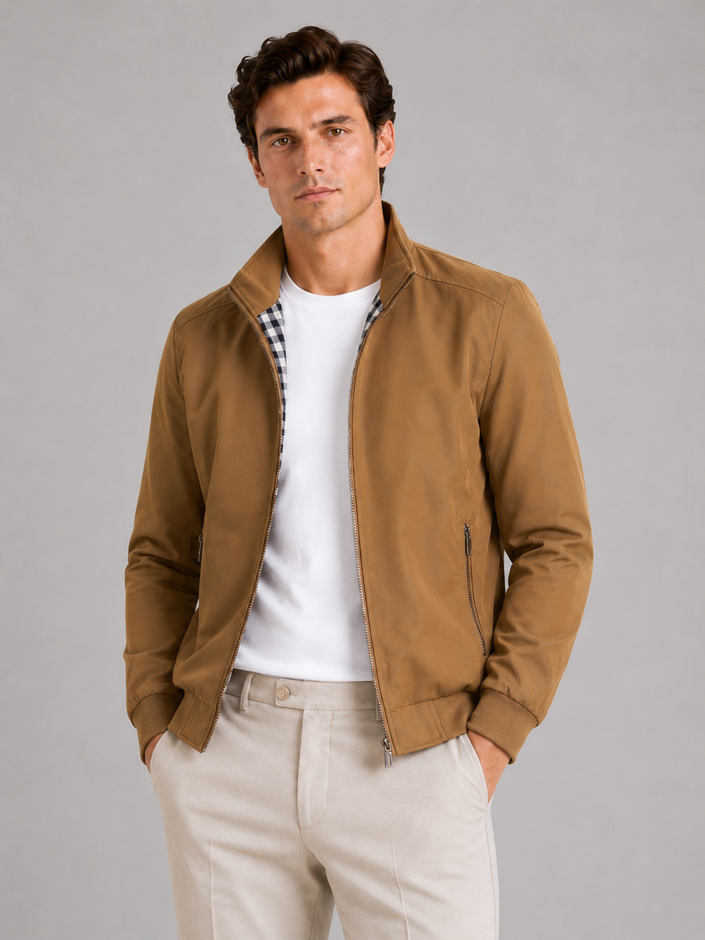 Men wearing khaki bomber jacket slim fit stand collar zip up fall casual travel style