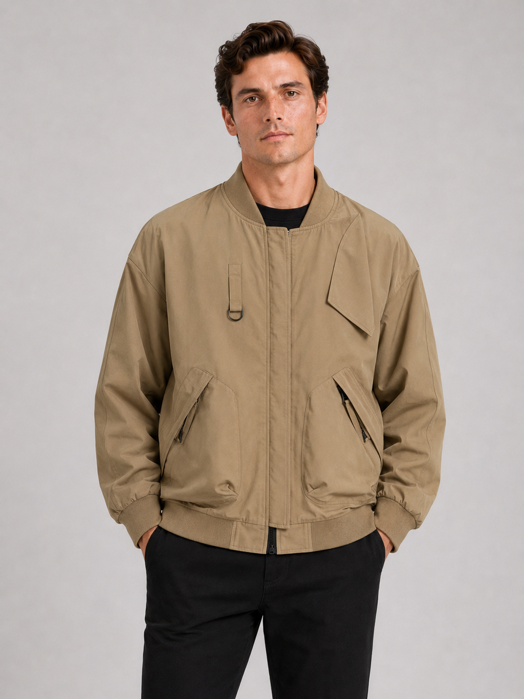 Men wearing khaki bomber workwear jacket plus size loose fit fall casual style