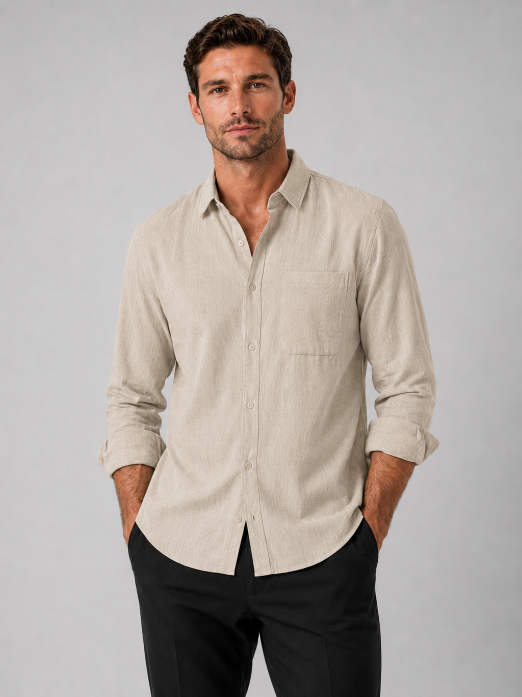 Men wearing khaki button down long sleeve shirt solid color summer casual style