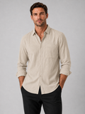 Men wearing khaki button down long sleeve shirt solid color summer casual style