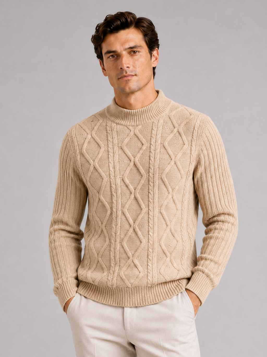 Men wearing khaki cable knit mock neck sweater jacquard twist texture warm fall winter style