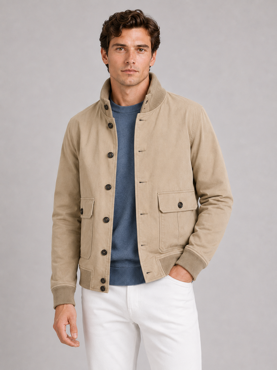 Men wearing khaki cargo fall jacket patchwork ribbed stand collar casual outdoor style