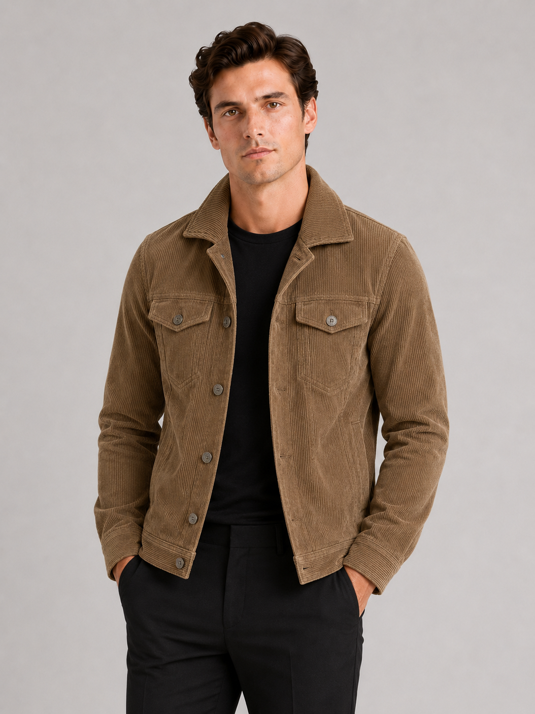 Men wearing khaki corduroy fall jacket slim fit long sleeve casual business casual style