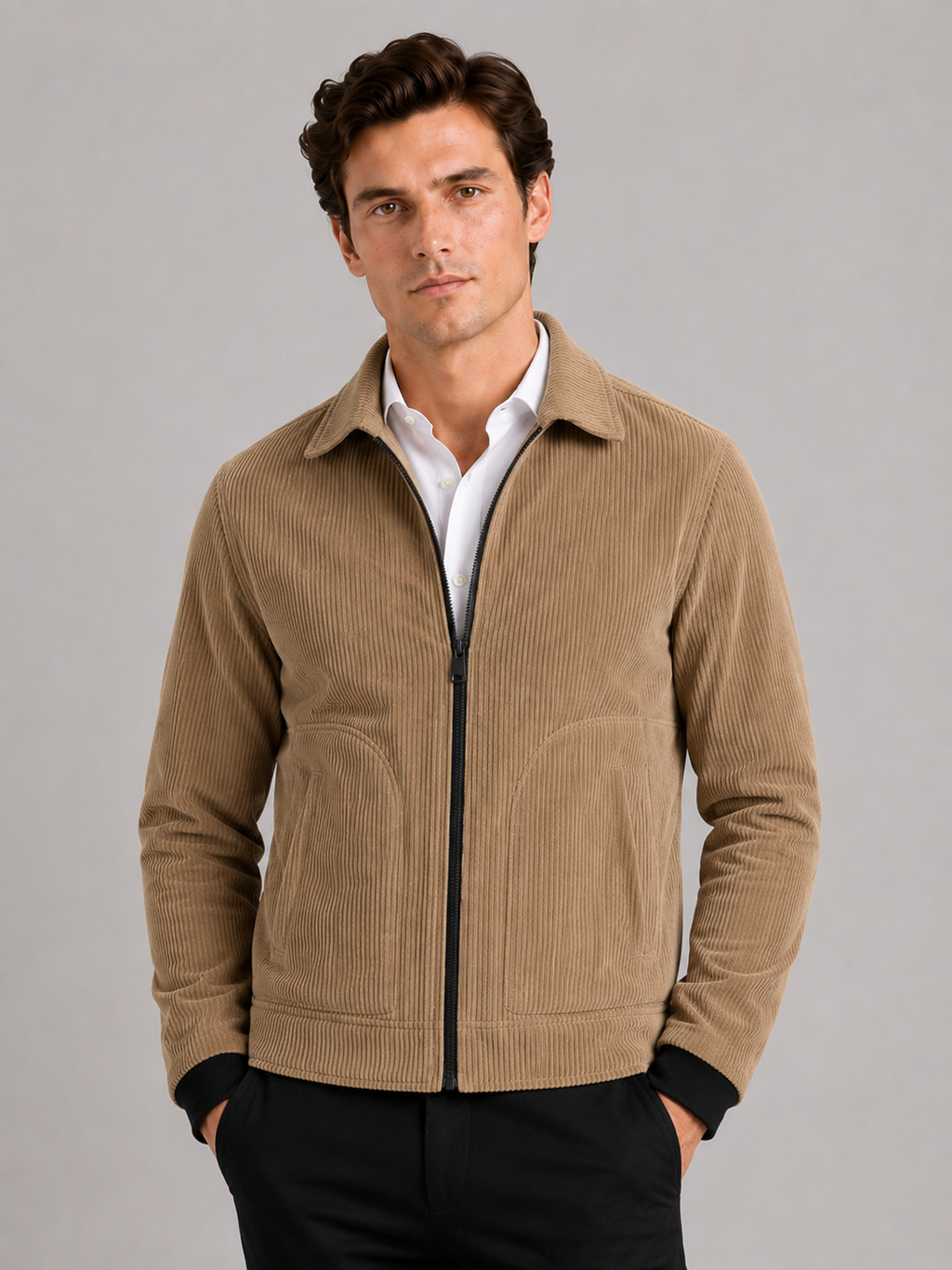 Men wearing khaki corduroy fall jacket thick warm casual outdoor everyday style