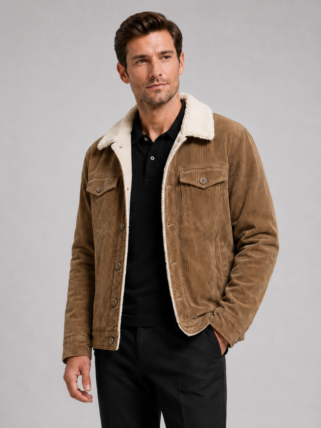 Men wearing khaki corduroy jacket cotton padded warm loose fit winter casual style