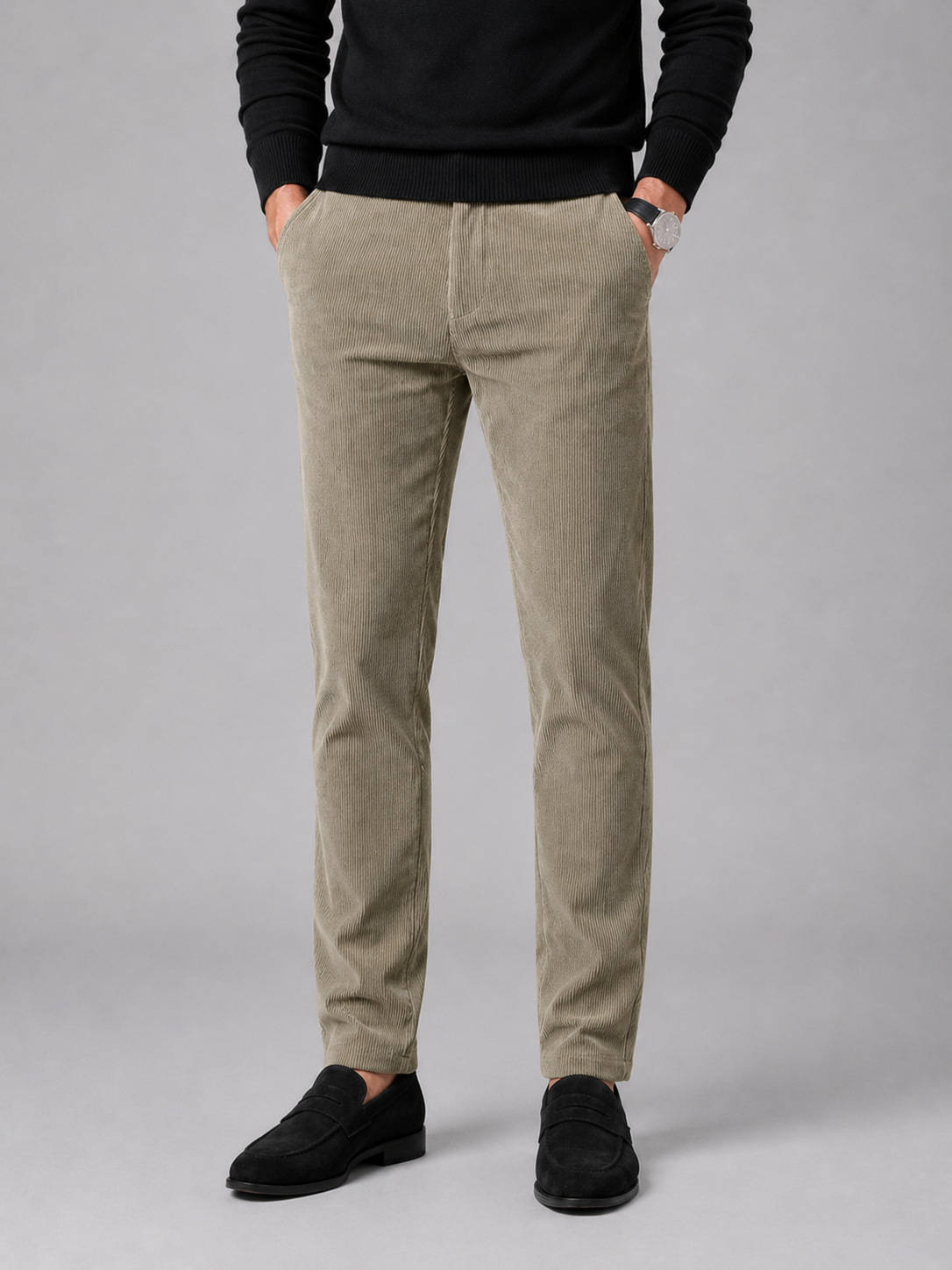 Men wearing khaki corduroy pants stretch mid rise thick fall winter business casual style