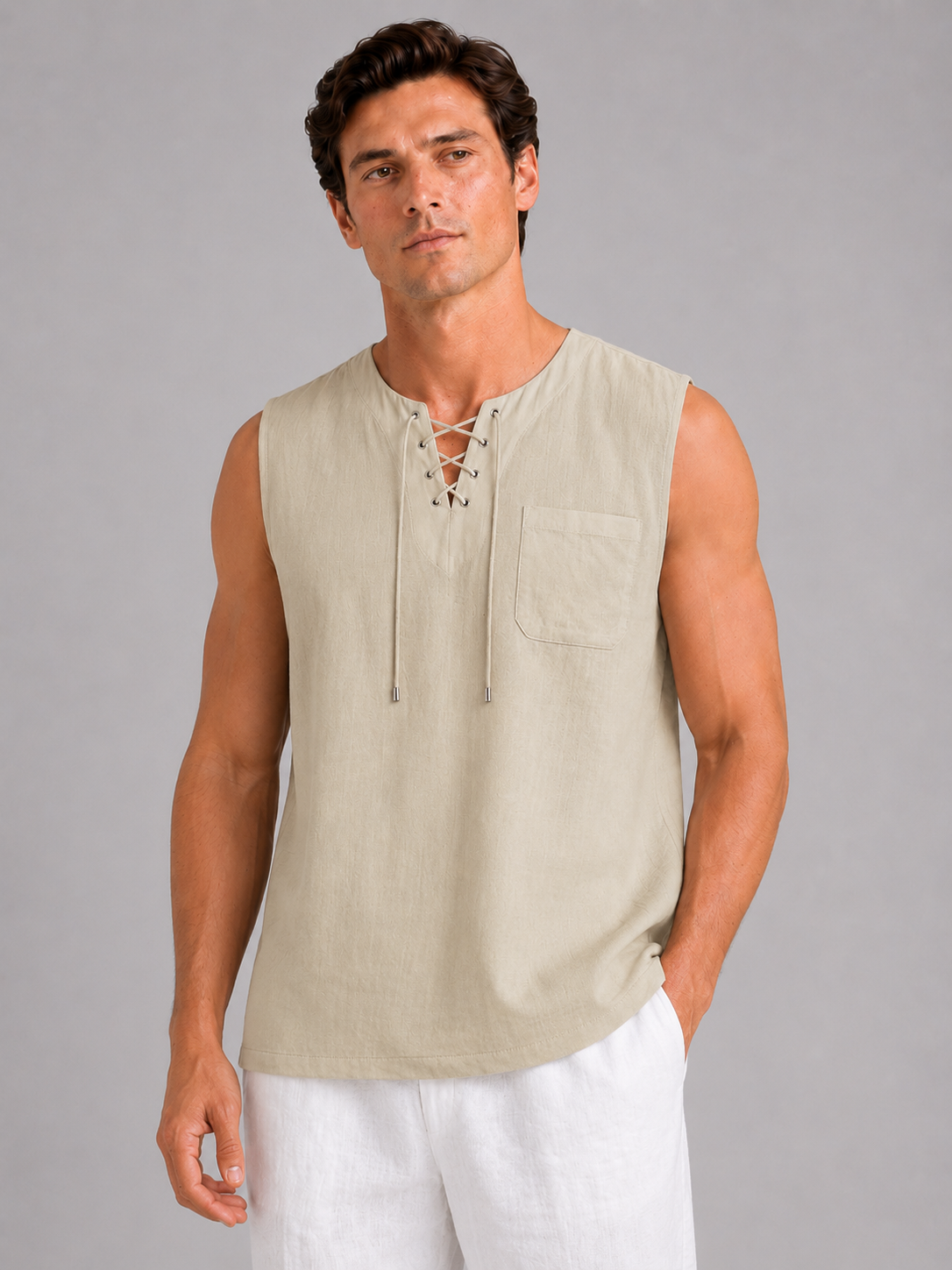 Men wearing khaki cotton linen tank top sleeveless lace up v neck summer beach style