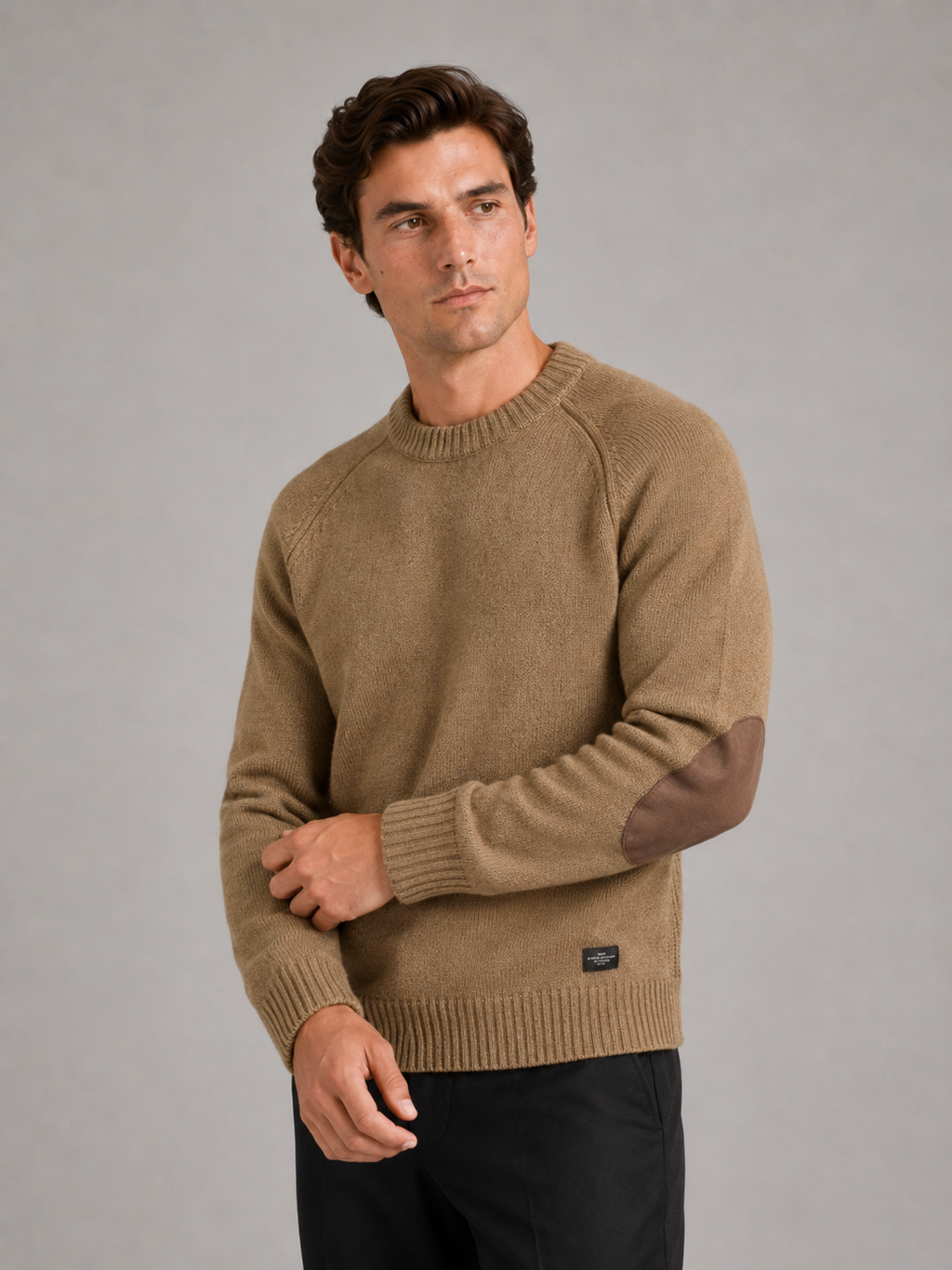 Men wearing khaki crew neck wool knit sweater thick loose fit fall winter casual style