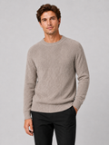 Men wearing khaki crewneck sweater knit fall pullover casual everyday style