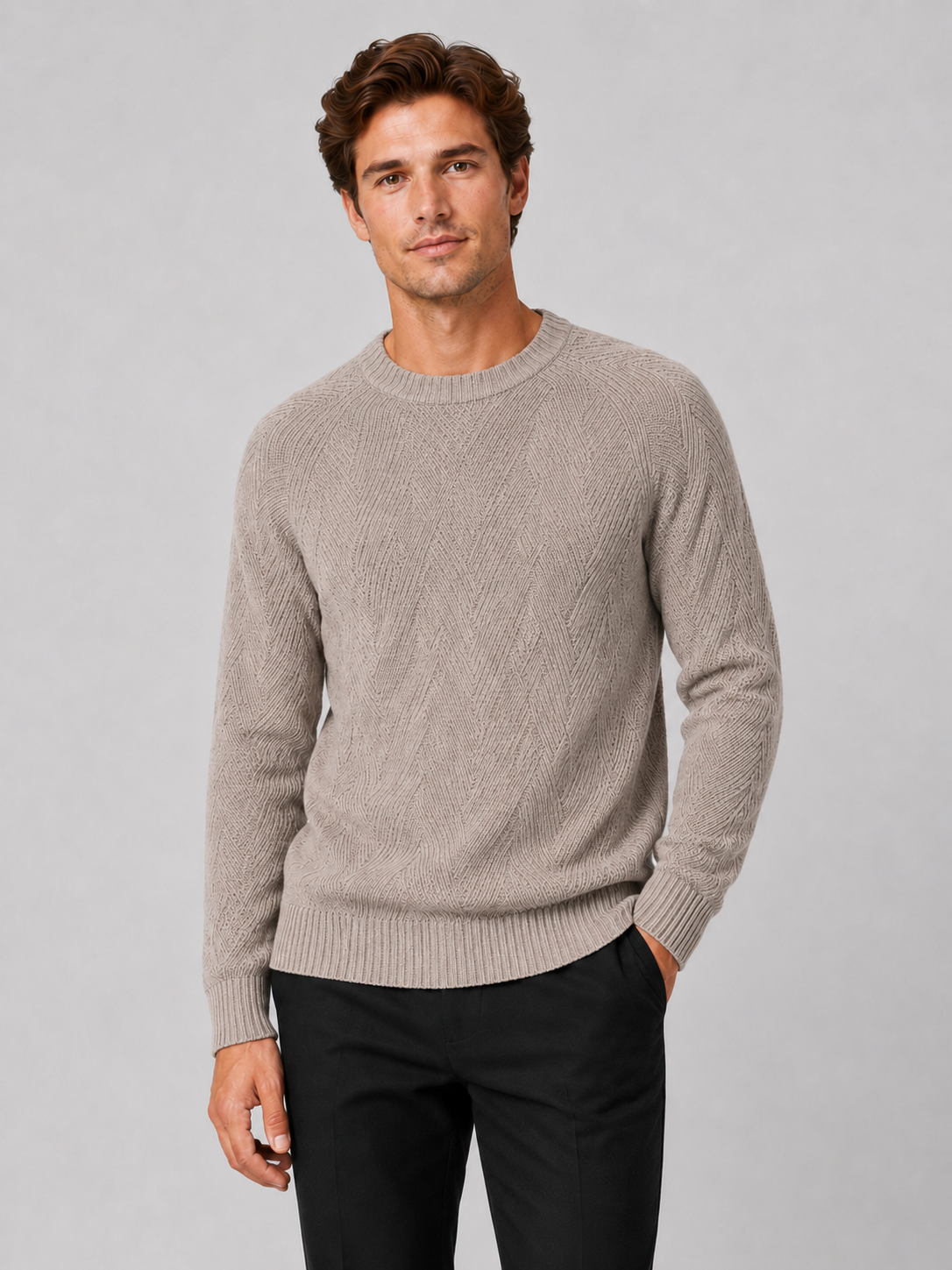 Men wearing khaki crewneck sweater knit fall pullover casual everyday style