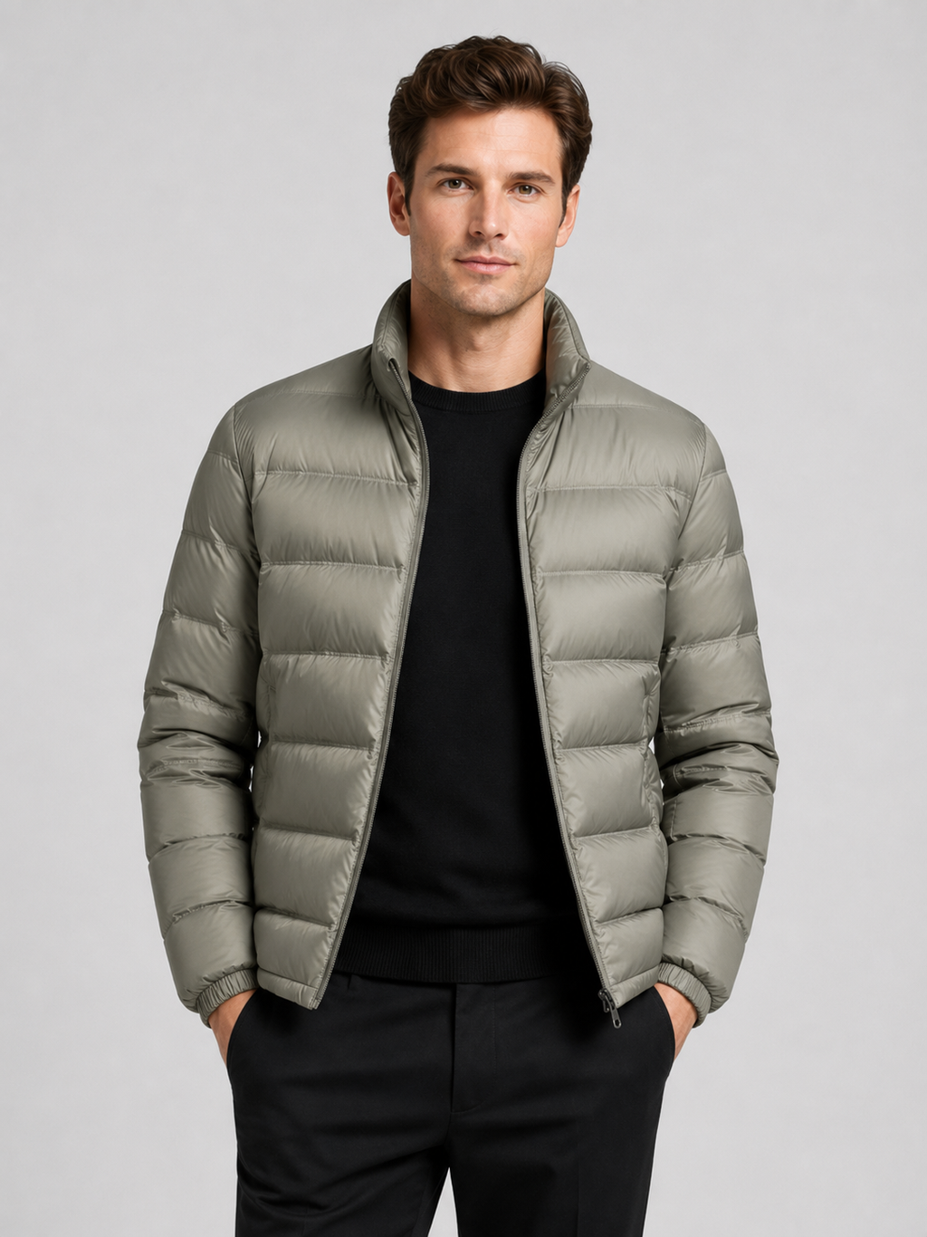 Men wearing khaki down jacket stand collar lightweight windproof waterproof fall winter casual style