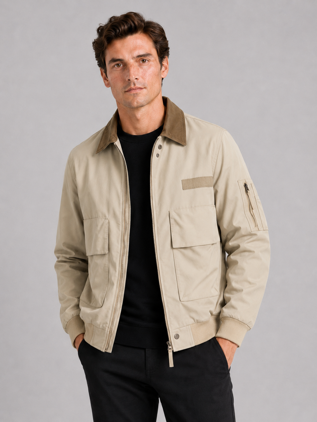 Men wearing khaki pilot fall jacket zip up casual workwear style for outdoor and everyday wear