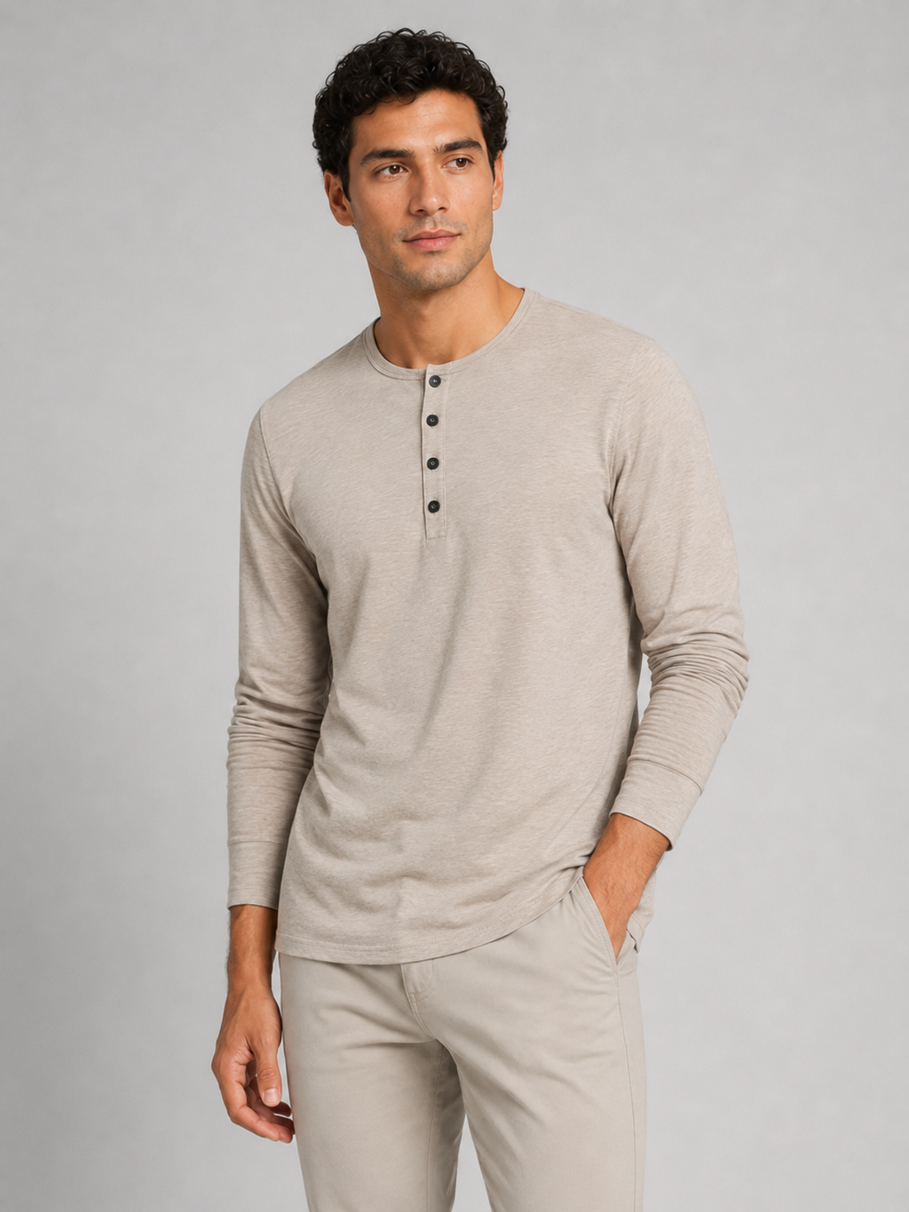 Men wearing khaki fitted henley shirt long sleeve casual spring basic style
