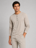 Men wearing khaki fitted henley shirt long sleeve casual spring basic style