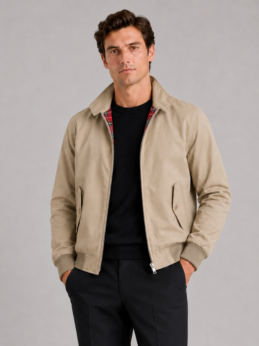 Men wearing khaki Harrington fall jacket breathable zip up casual everyday style