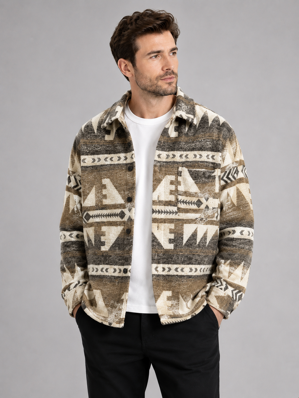 Front view of a man wearing a khaki heavyweight flannel shirt jacket with a wool blend, ethnic print, button-up front, and relaxed shacket fit