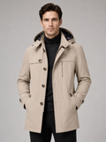 Men wearing beige hooded trench coat long thick cotton fall winter casual outdoor style