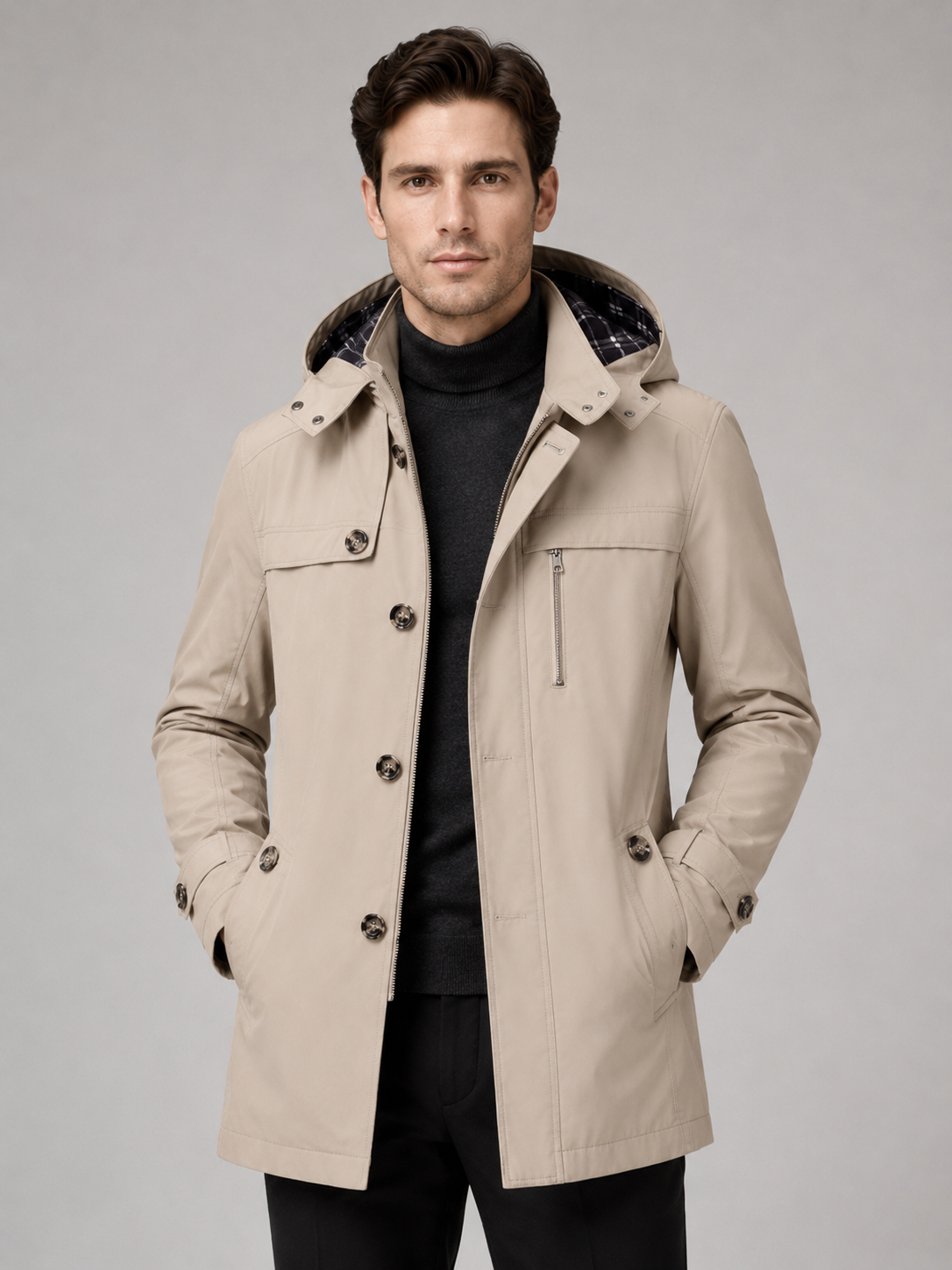 Men wearing beige hooded trench coat long thick cotton fall winter casual outdoor style