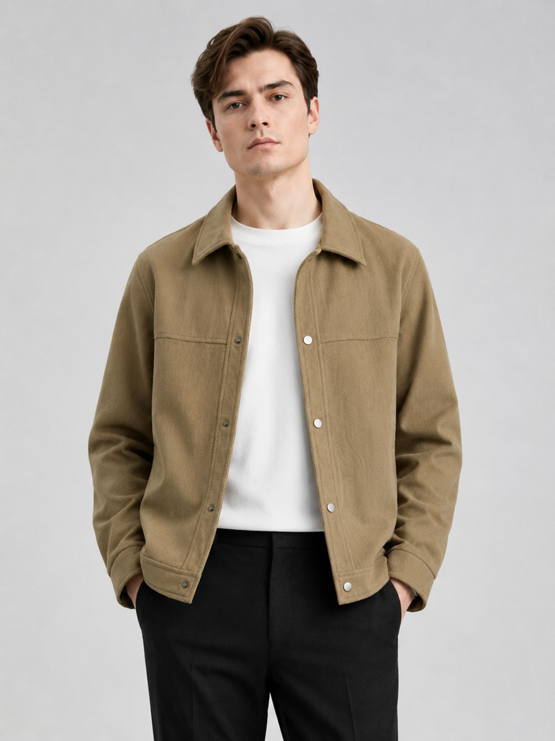 Men wearing khaki corduroy jacket lapel loose fit fall casual streetwear style
