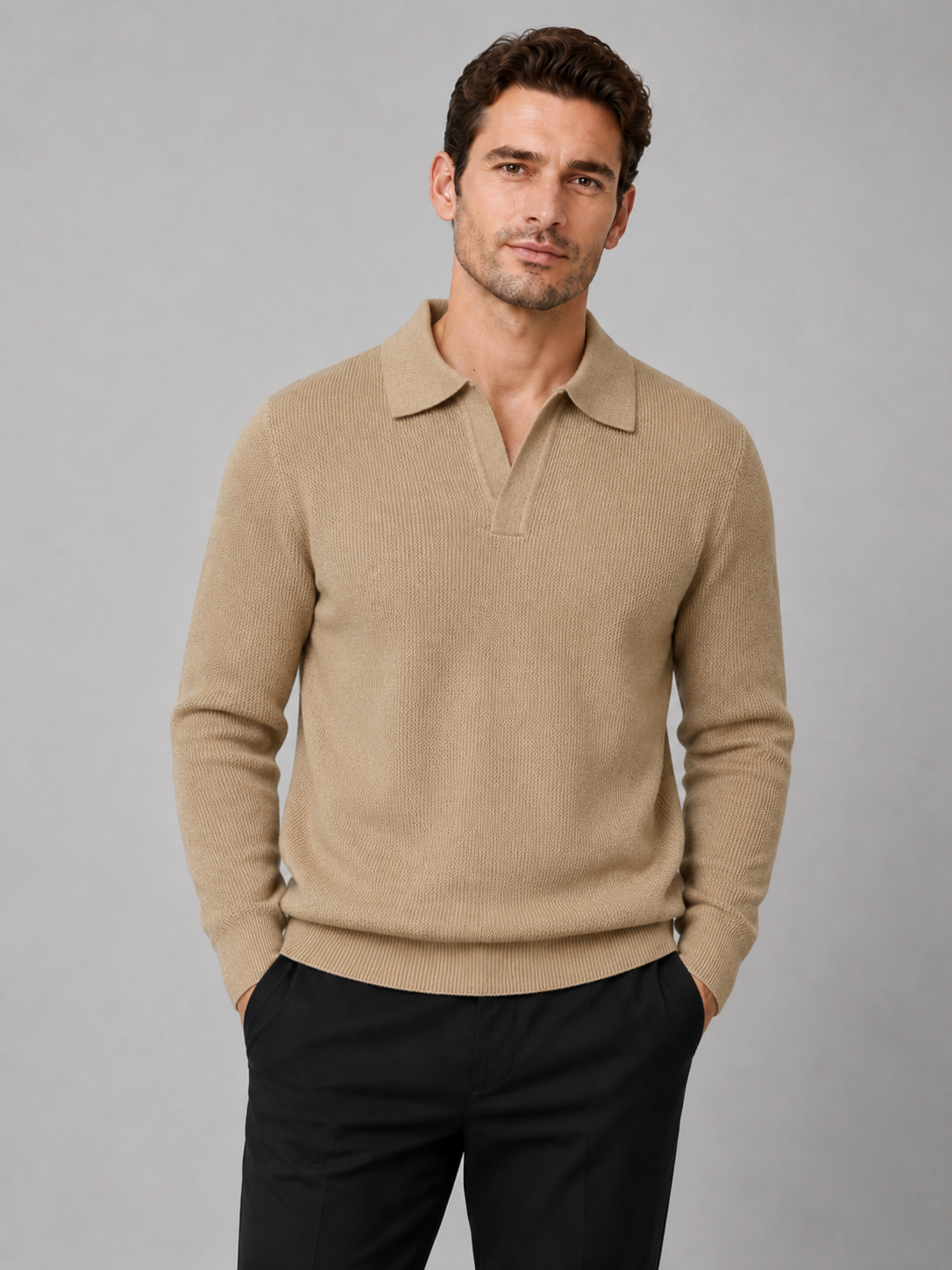 Front view of a man wearing a khaki heavyweight knit Johnny collar sweater with long sleeves