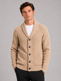 Men wearing khaki knit cardigan sweater long sleeve front pocket fall winter casual style
