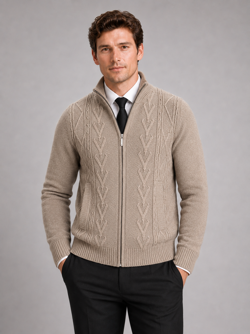 Men wearing khaki knit stand collar full zip sweater thick warm fall winter casual style