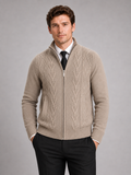 Men wearing khaki knit stand collar full zip sweater thick warm fall winter casual style