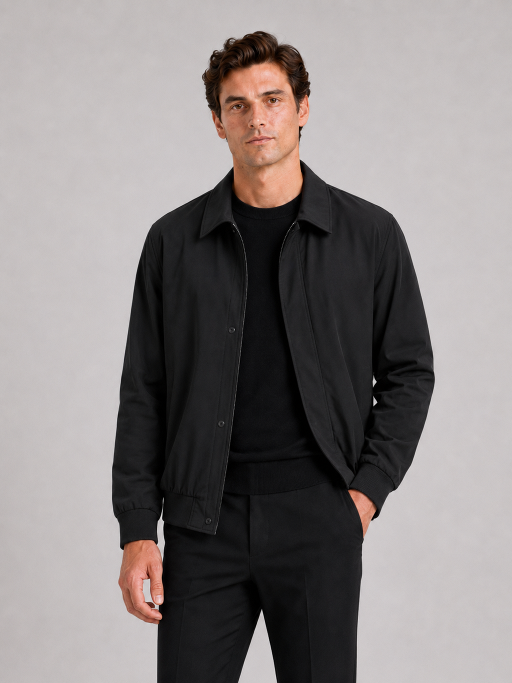 Men wearing black lapel fall jacket solid color lightweight casual business style