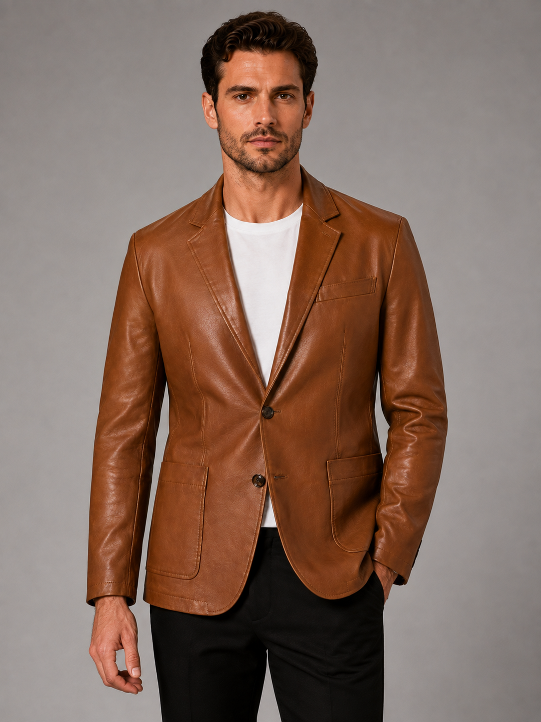 Front view of a man wearing a khaki leather blazer jacket with a slim fit, notched lapel, single-breasted design, and tailored silhouette