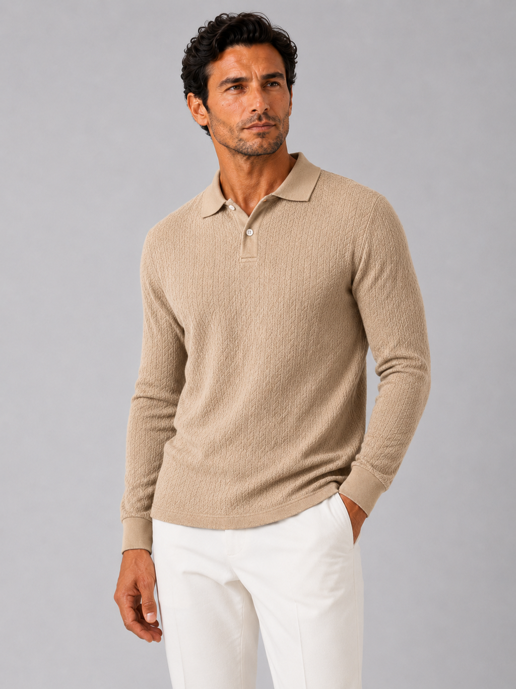 Men wearing khaki long sleeve polo shirt business casual knit top for smart casual wear