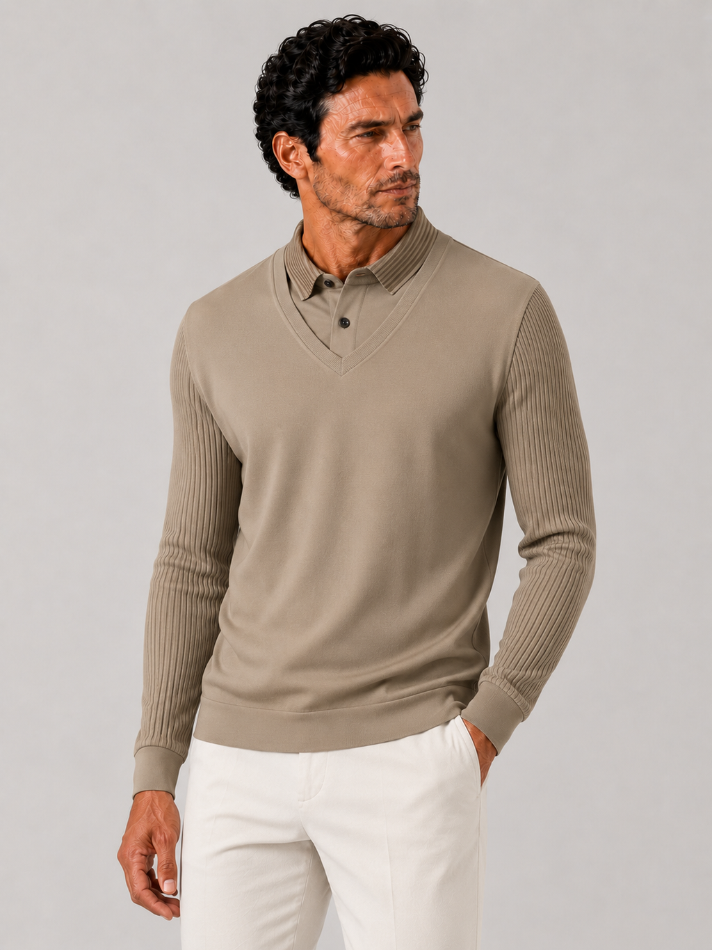Men wearing khaki long sleeve polo shirt lightweight solid color business casual office style
