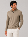 Men wearing khaki long sleeve polo shirt lightweight solid color business casual office style