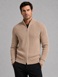 Front view of a man wearing a khaki ribbed knit cardigan sweater with a full zip front, stand collar, slim fit, and long sleeves
