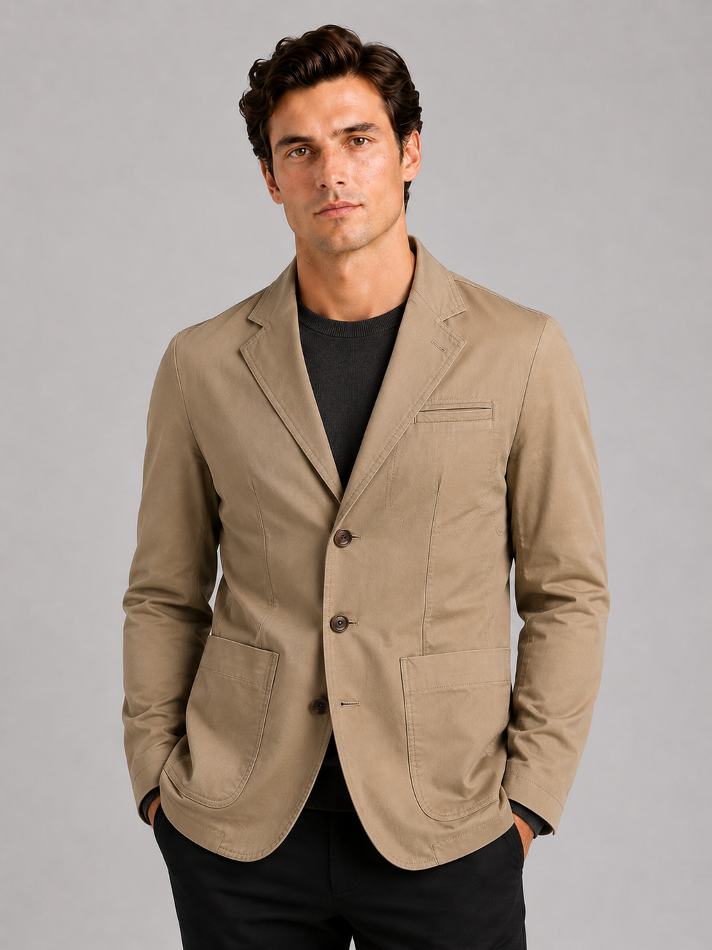 Men wearing khaki military blazer jacket washed cotton casual fall business casual style